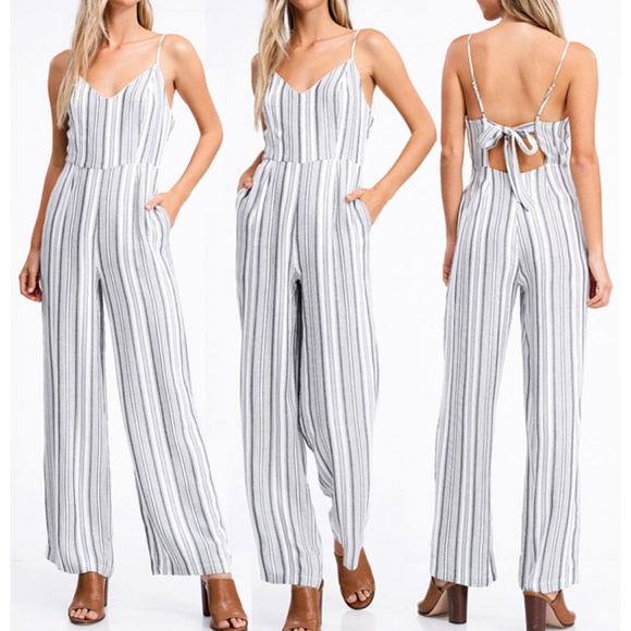 Forever 21 Dresses & Skirts - Ivory Grey Stripe Cutout Bow Back Long Jumpsuit